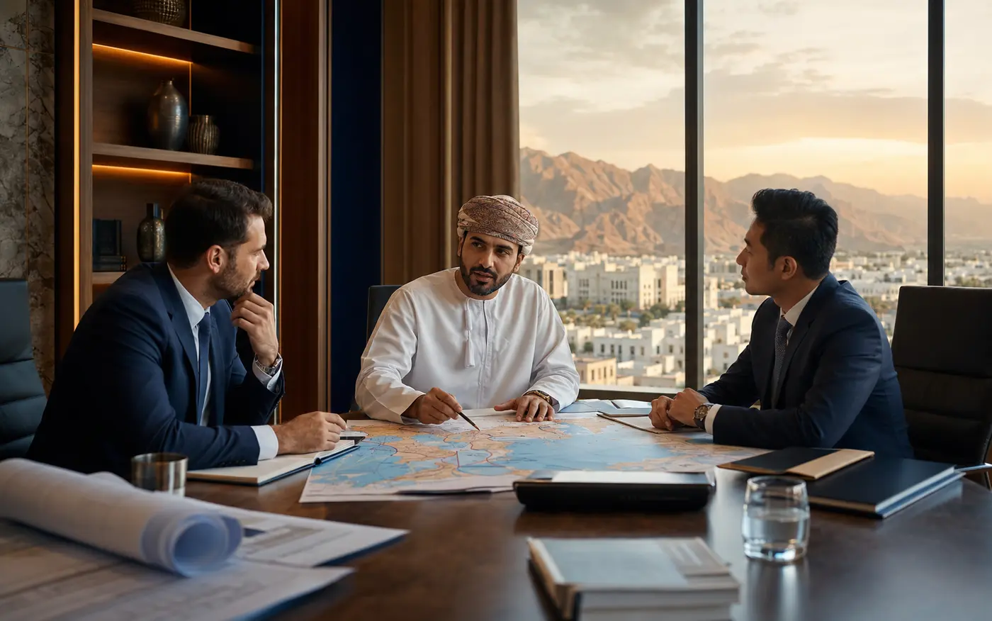 International partners discussing a commercial project in Muscat